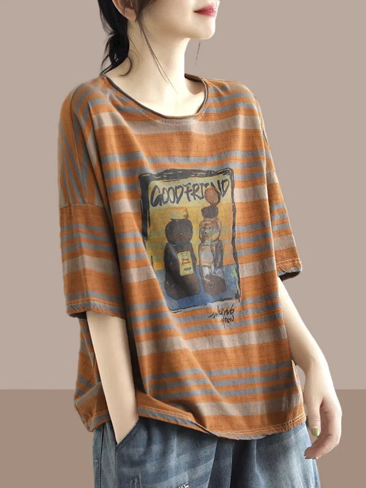 plus Size Women's Cotton T-irt ort Sve Slimming Top Summer Street Sle Printed round Ne Loose Fit Casual Wear