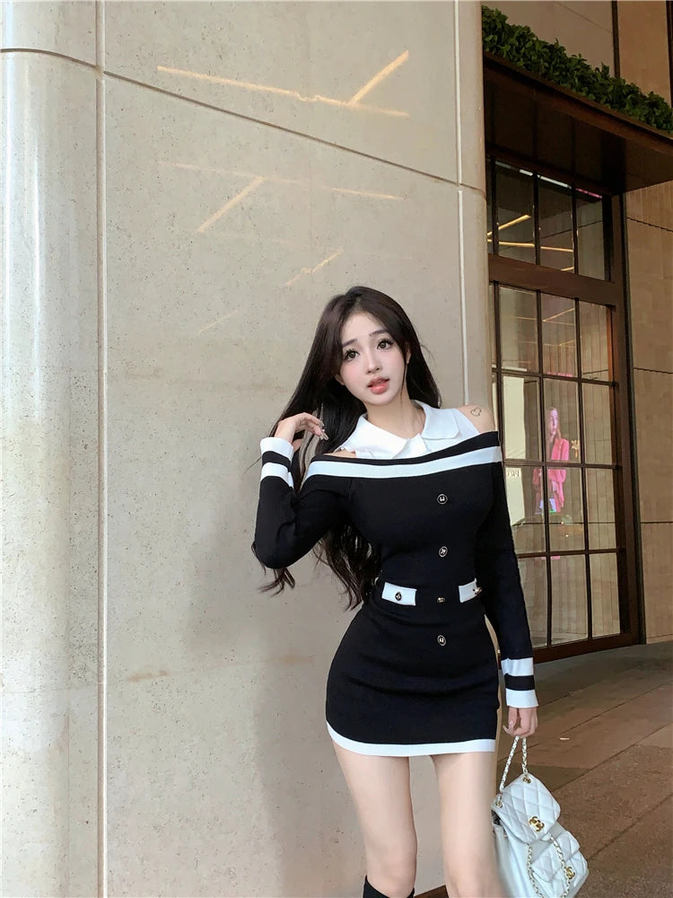 Hot Girl Off Shoulder Long-sleeved Knitted Dress Women's Autumn Fake Two-piece Shirts Spliced Sexy Wrapped Hip Short Dress