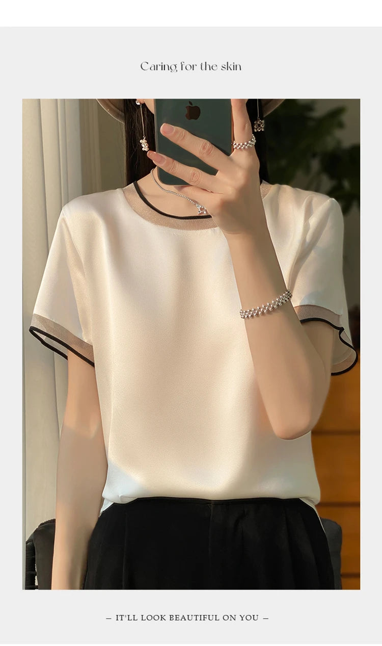 Oversize New Arrival T-Shirt Silky Satin Surface Women's Tees Short ONeck Tank Top Casual Slim Solid Lady Clothes Fashion Trends