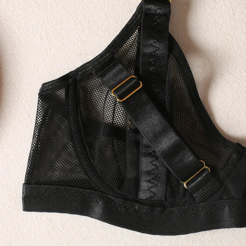 Cross-border new black mesh heavy-duty push-up bra with steel ring garter belt sexy sister lingerie set neck strap