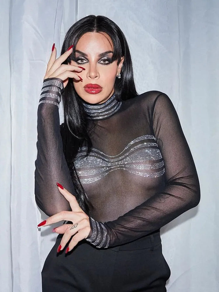 Sexy Bodysuit Lingerie Applique One-Pieces Body Feminino See Through Black Top Women Rave Outfit Turtleneck Lenceria Tranparente