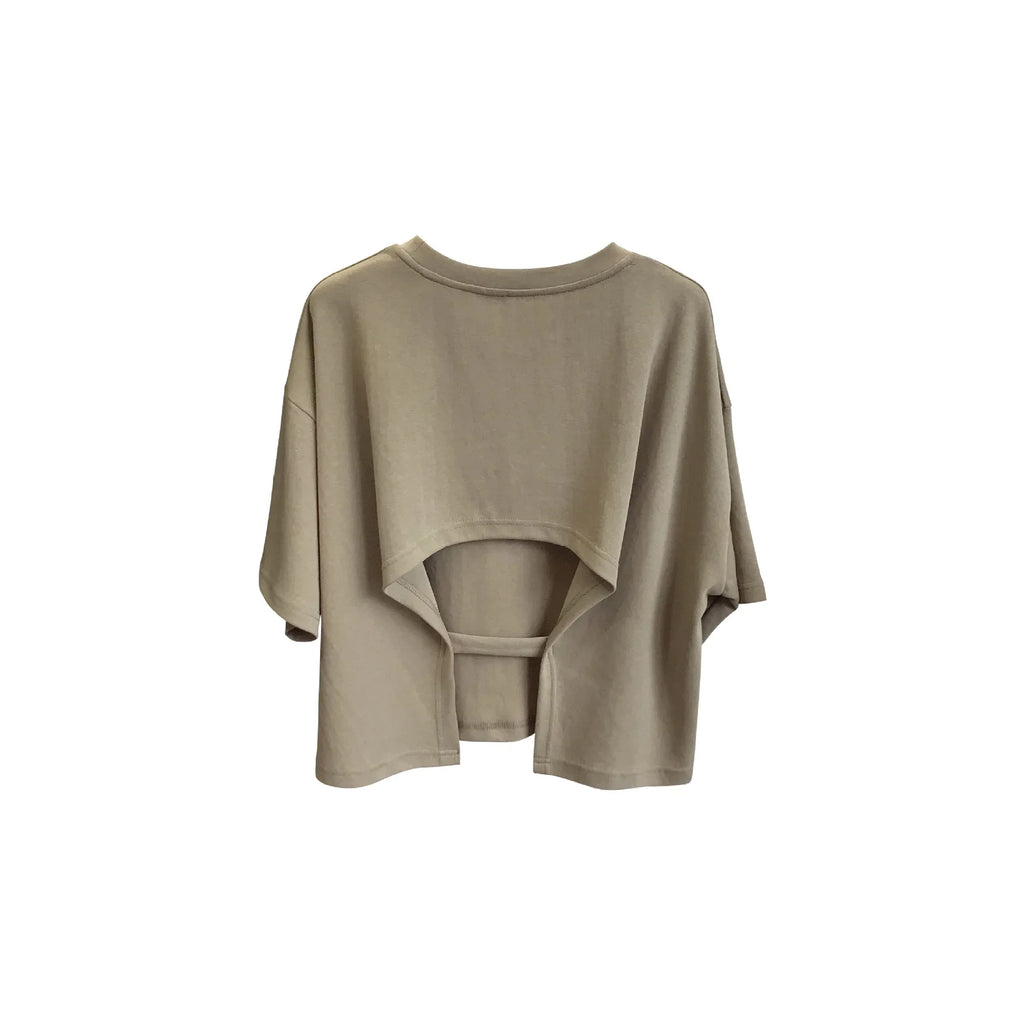 Trendy Women's Open-Back Cropped T-Shirt Sweet Spicy Style Korean Version 2023 Summer New Round Neck Loose Fit Short Sleeves Top