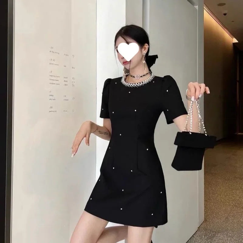 Sweet Elegant round Neck Waist-Cinched Mini Skirt Dress Hepburn Style Beaded New Summer Collection Fashionable Chinese Brand