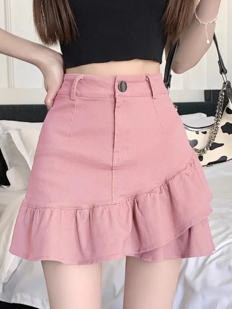 High Waist A-Line  Skirt Women's Spring Summer Denim f-length Skirts with Lace Hemline Cotton Polyester Blend