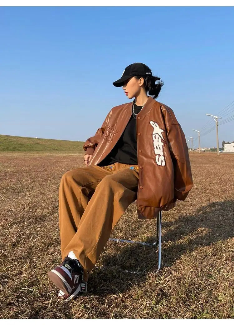 American retro letter embroidery leather Jacket Coat women's Y2K street hip-hop trend baseball suit couple casual leather jacket