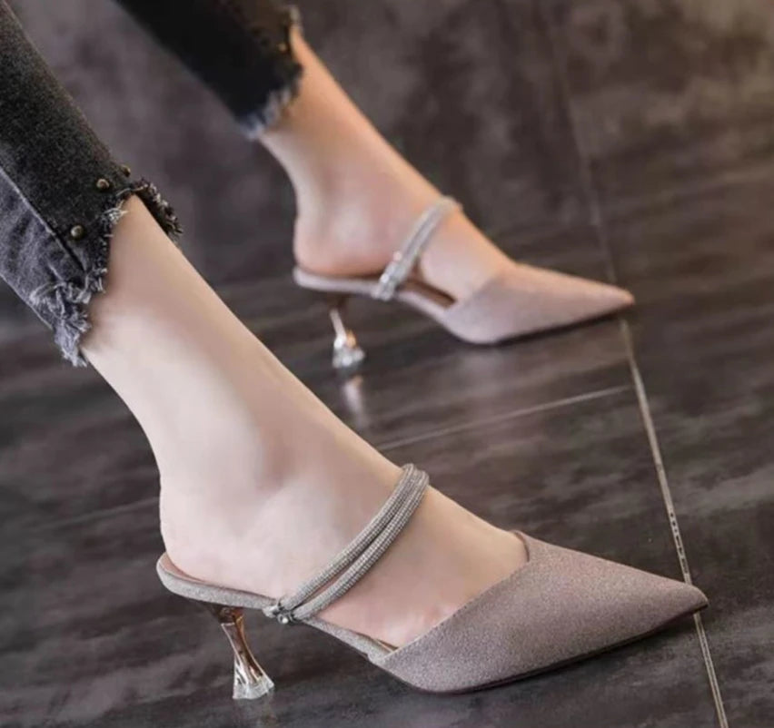 Pointed Toe Sandals for Women Thin Heels Half Pink Woman Shoes High Quality Vip Shoe Cheap Liquidation New Breathable Fashion