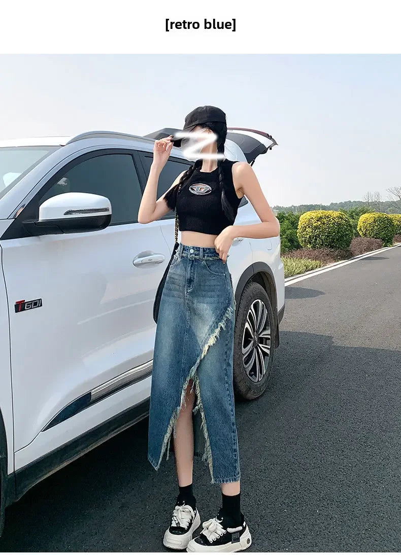 Fashionable Denim Skirt For Women High-waisted A- line Hip Covering Long Dress Casual Style Perfect For Summer 2024