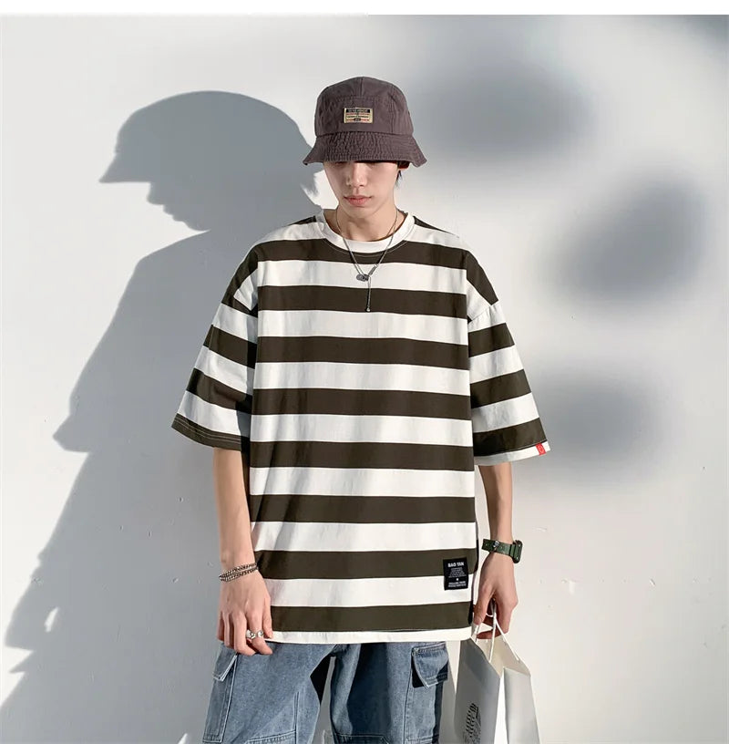 Men's Cotton T-shirt Striped Mens Oversized T Shirts Split Hem Fashion Tee Shirts Casual Wear Summer Tshirt 5XL Big Size for Man