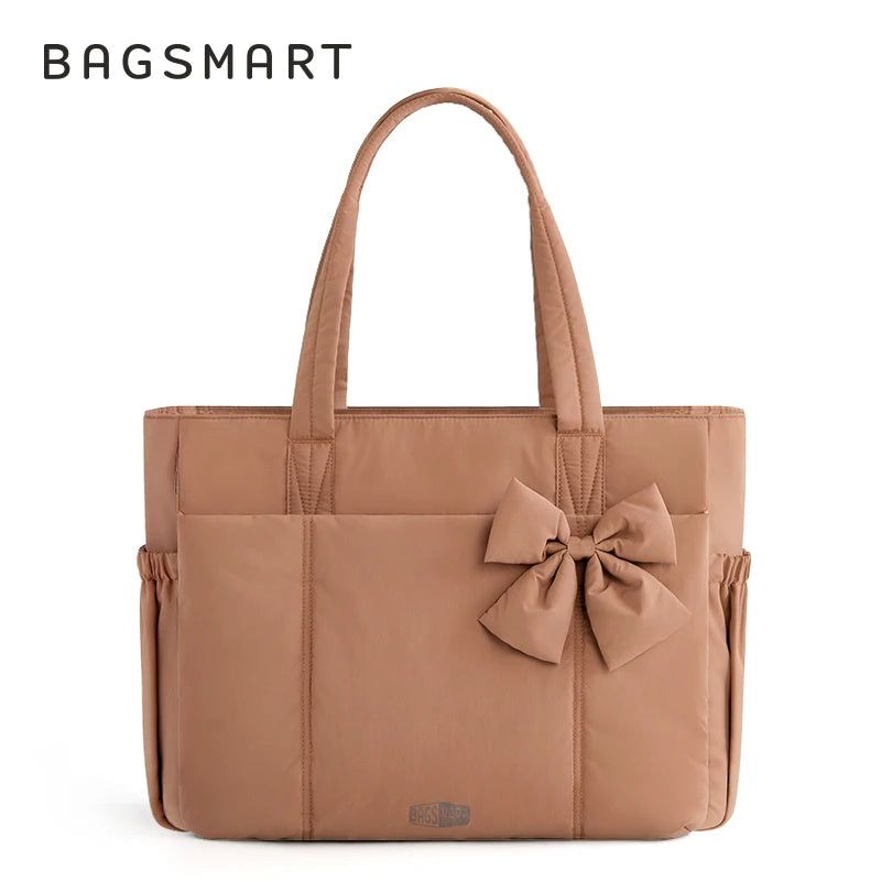BAGSMART Padded Tote Bag With Bow Casual Quilted Padded Women Shoulder Bags Fit 15.6in Laptop Large Capacity Yoga Gym Bags