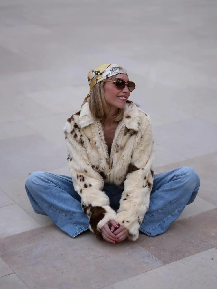 Faux Fur Contrast Women Coat 2025 Lapel Zipper Long Sleeve Female Coats Vintage Autumn Winter Pocket Thicken Warm Lady Outwear