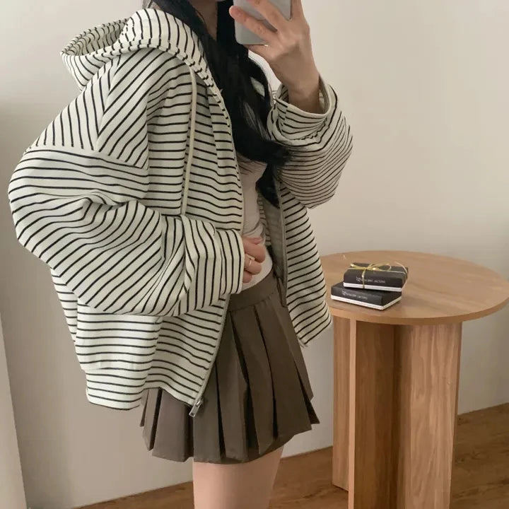 Spring 2025 Women's Chic Loose Casual Lazy Sle Striped Hooded Jaet with ket Open Cardigan Sweatirt Comfortable Fit