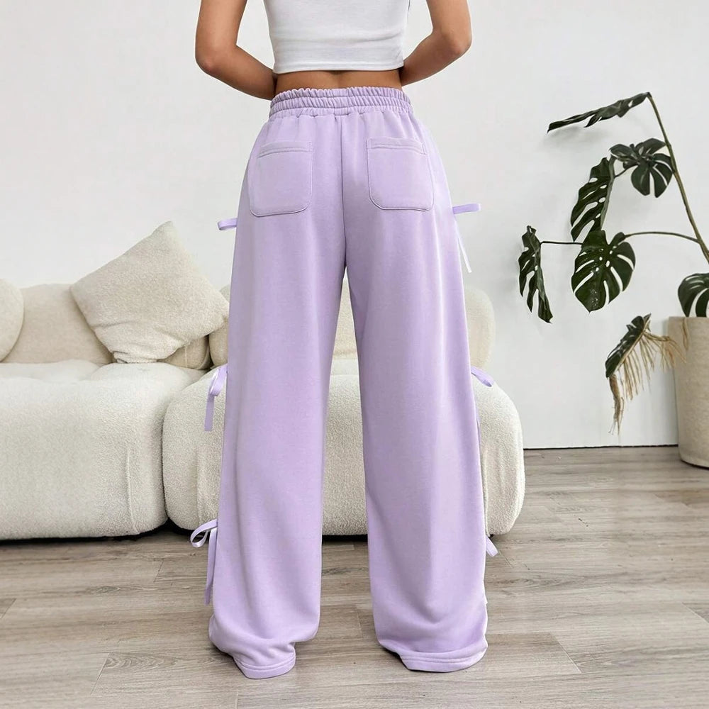 Mia Muse Women's Summer Pants 2025 Sporty Plain Bowknot Full Length High Waist Wide Leg Daily Basic Pants