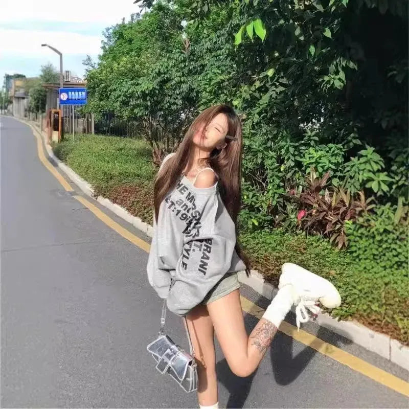 Shoulder Bared Vintage Print Letter Long Sleeve Sweatshirt Women's Autumn New Style Small Audience Oblique Shoulder Irregular Lo