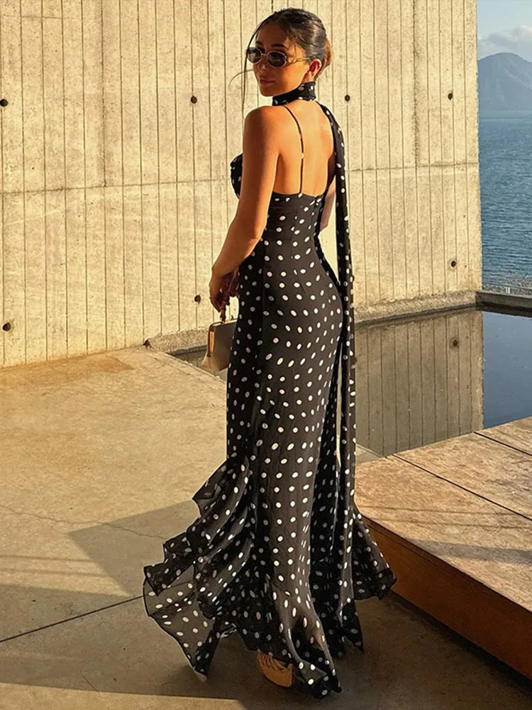Retro Polk Dot Long Dress With Ribbon Women Sexy Low Cut Sleeveless Pleated Slim Evening Dresses Female Spring Chic Street Party
