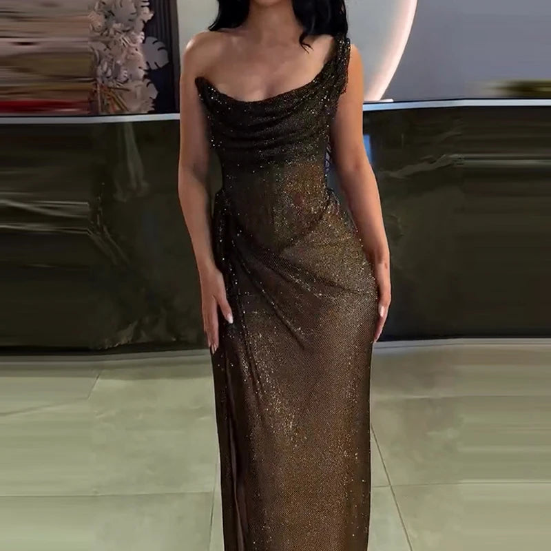 Casual Club Party Sequin Long Dress Fashion Asymmetric Slim Off Shoulder Dress Ladies Sexy Sleeveless Hollow Out Cocktail Dress