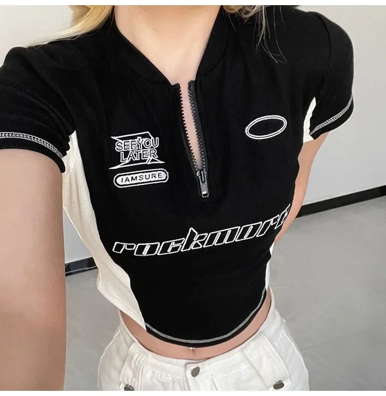Summer New Pure Desire Spicy Girl Patchwork Contrast Color Embroidery Slimming Zipper Short Sleeve T-Shirt Women's Top