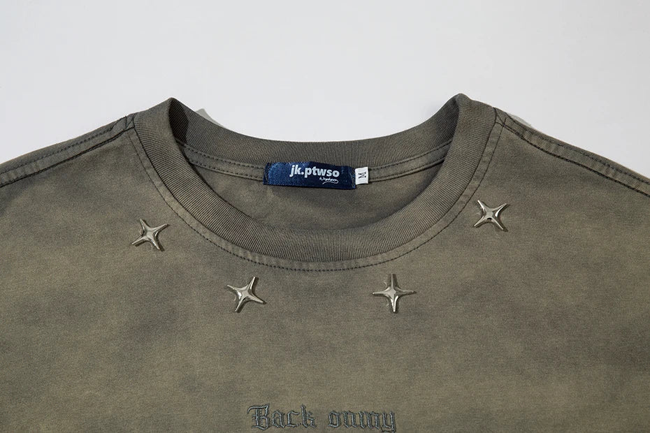 Distressed Ripped T Shirts Metal Star Tee Emrboidery Vintage Loose Tshirt 2025 Men Harajuku Streetwear Oversized Hip Hop T-shirt