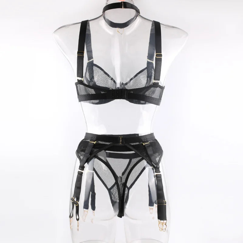 Cross-border new black mesh heavy-duty push-up bra with steel ring garter belt sexy sister lingerie set neck strap