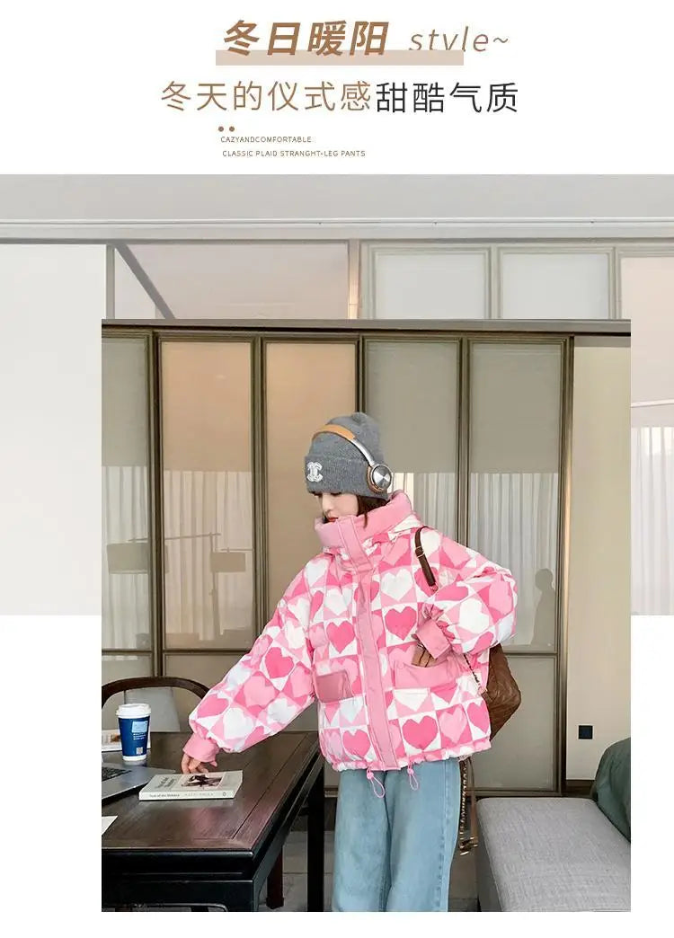 Duck Down Coat for Women, Loose and Thicken Hooded Parkas, Printed Outerwear, Female Bread Jackets, Winter Clothing, New, 2024