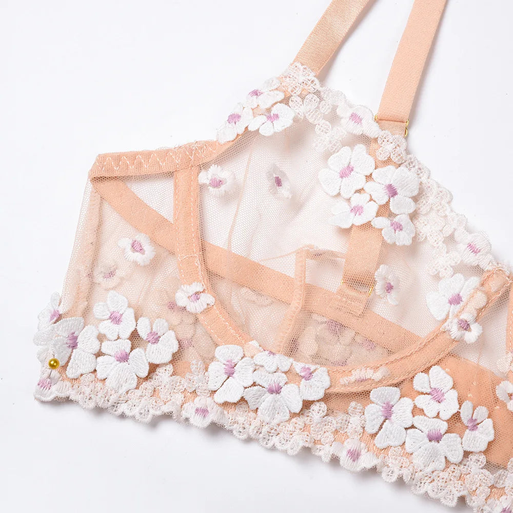 Floral Embroidered Sheer Lingerie Set Underwire Push Up Bra Thong Garter Belt See-Through Corset for Bridal Night Boudoir