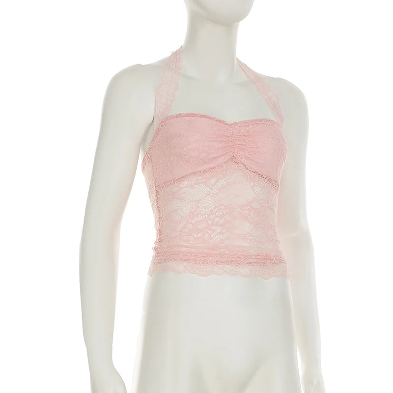 Cuteandpsycho Sexy Lace Patchwork Y2K Camisoles Backless Transparent Slim Outfits Party 90s Vintage Clubwear Halter Neck Tops