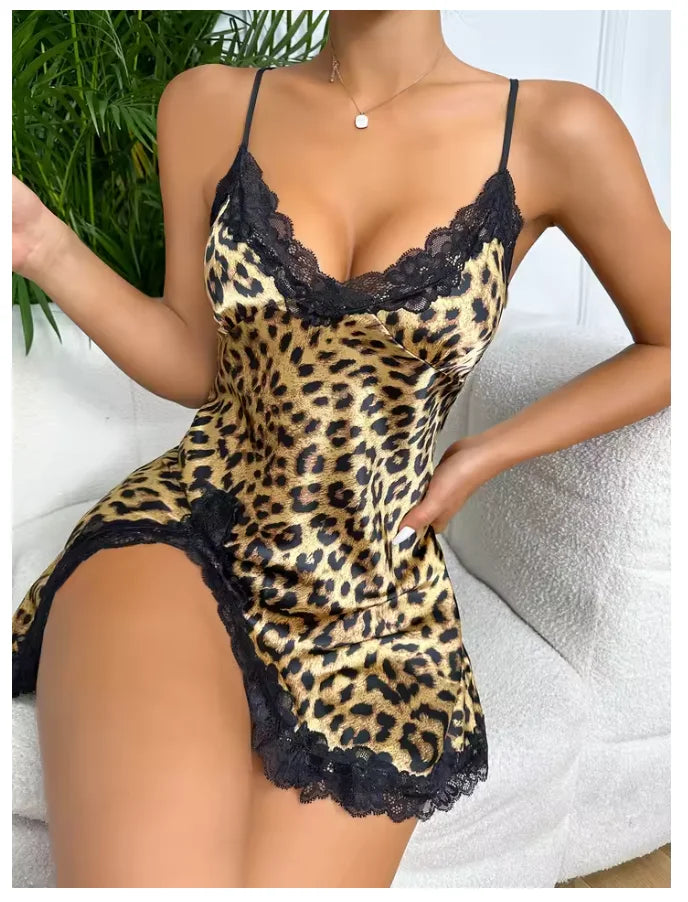 Contrast Lace Satin Nightdress Deep V Backless Lace Up Split Slip Sleep Dress Women's Sleepwear