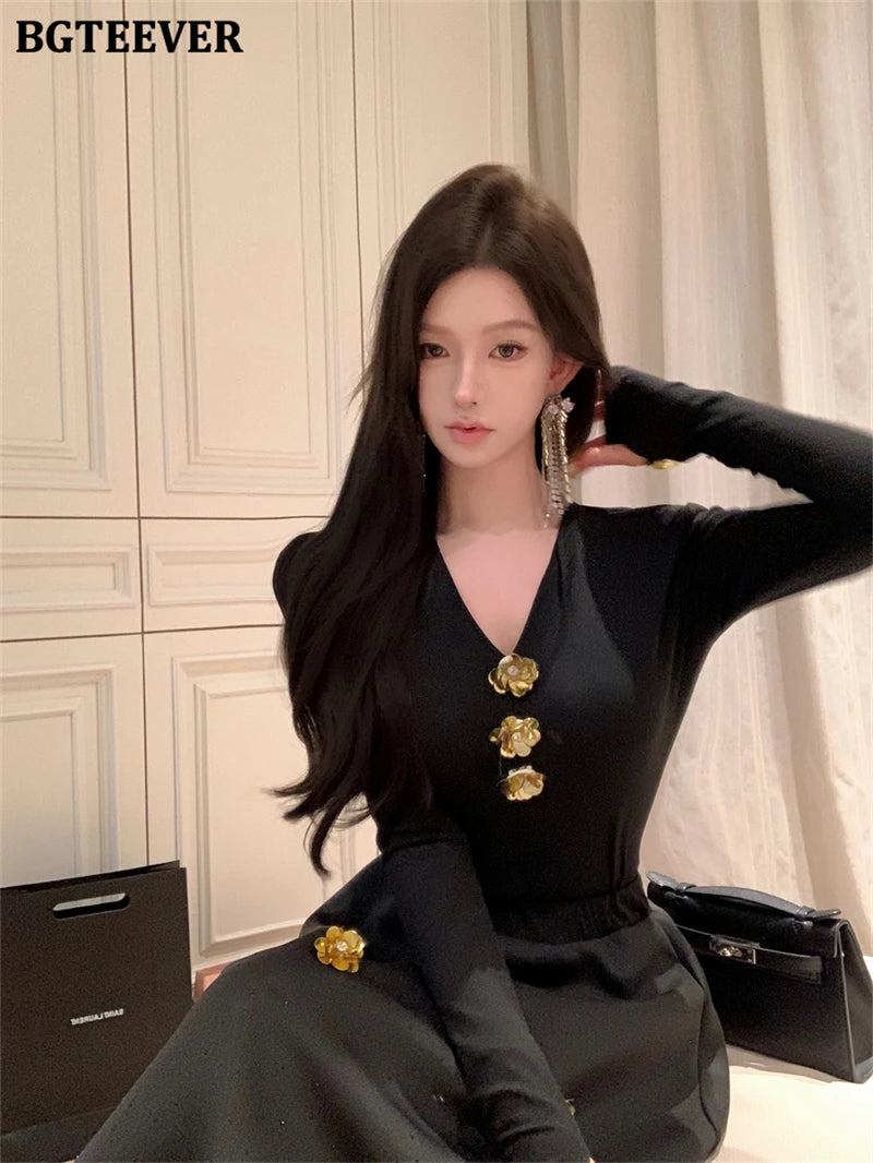 BGTEEVER Spring Elegant Ladies 2 Pieces Skirt Set Long Sleeve V-neck Pullovers & High Waist Loose A-line Skirts Women Outfits