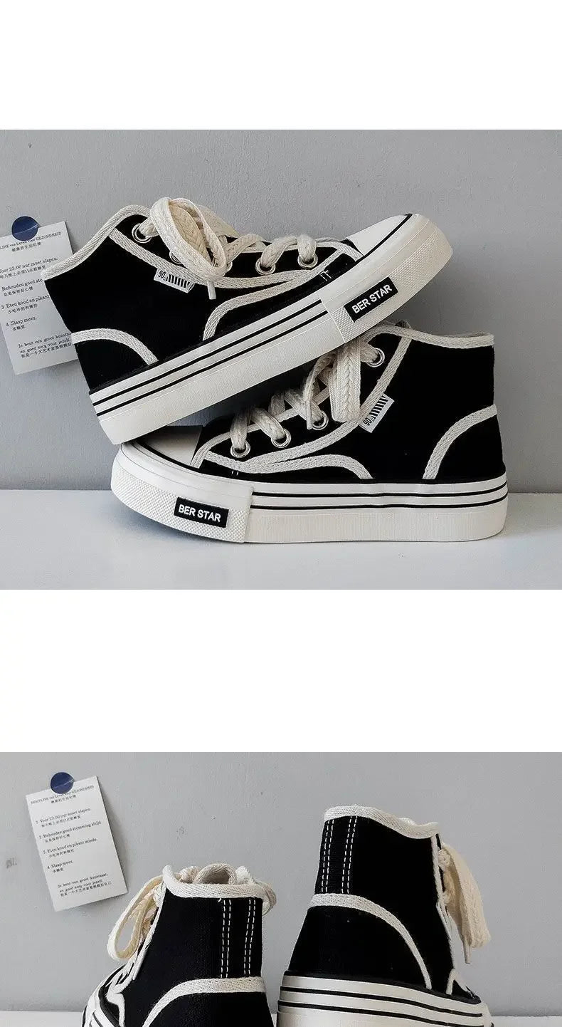 Spring 2025 Women's Canvas Sneakers High-Top Sporty Casual Shoes Student Fashion Trendy Design Synthetic Inner Rubber Sole