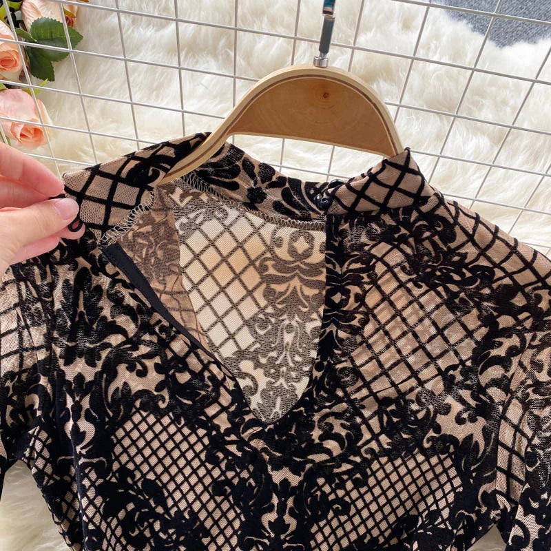 Autumn New Floral Print Bodysuit for Women Fashion Streetwear Elegant Stand Collar Long Sleeve Tight Fit Mesh Body Top Chic 2024