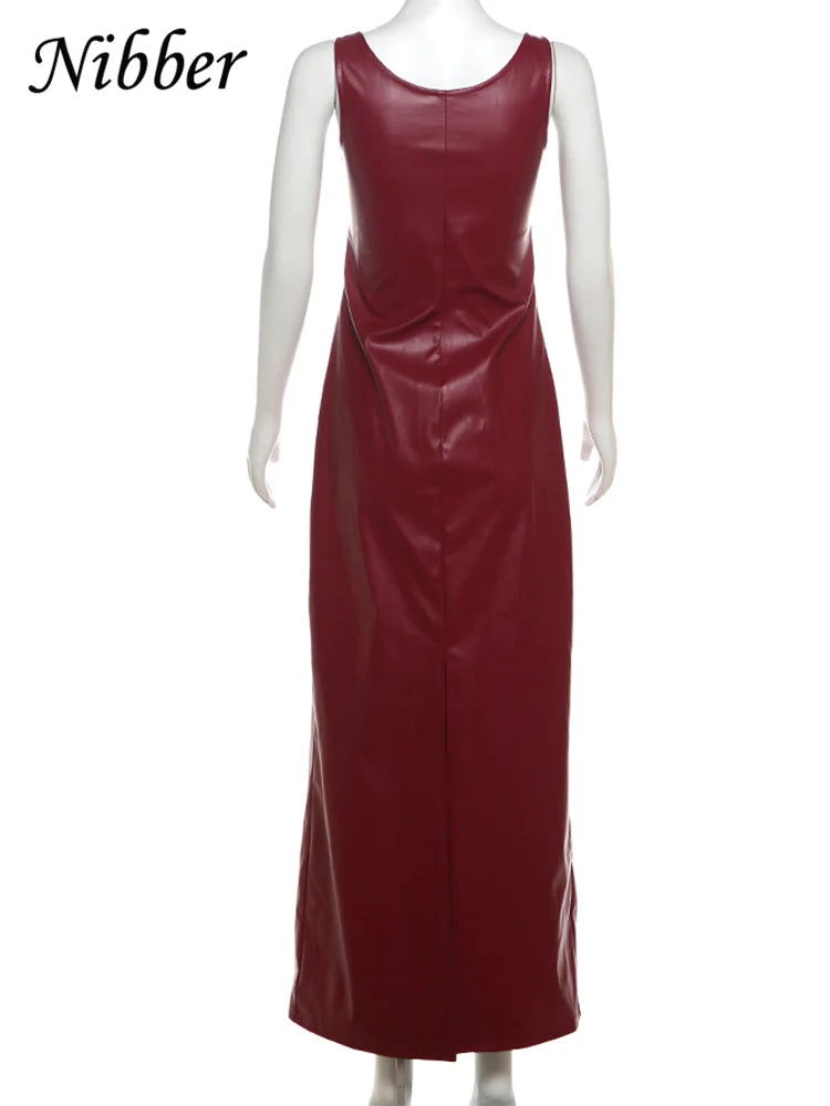 Nibber Vintage Elegant Dress Women Summer Leather Classic Sleeveless Slits Basic Simple Trend Solid Stretch Party Long Bodycon