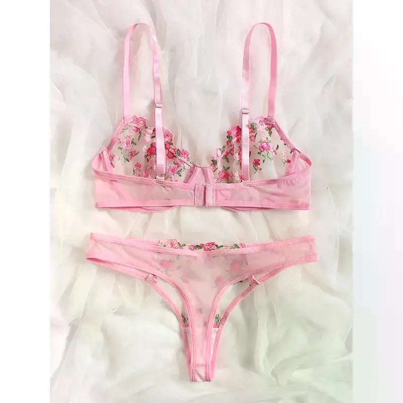Transperant Lingerie Set Women Mesh Net Sexi Lenceria Sensual Mujer Bra Sets Embroidery Floral Underwired