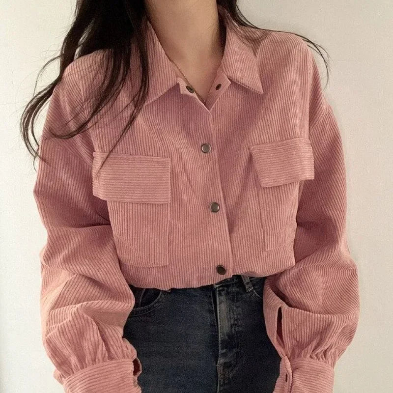 Chic Korean Vintage Simple Lapel Cropped Long Sleeve Shirt Top Corduroy Loose Fit Jacket For Women New Model 2023