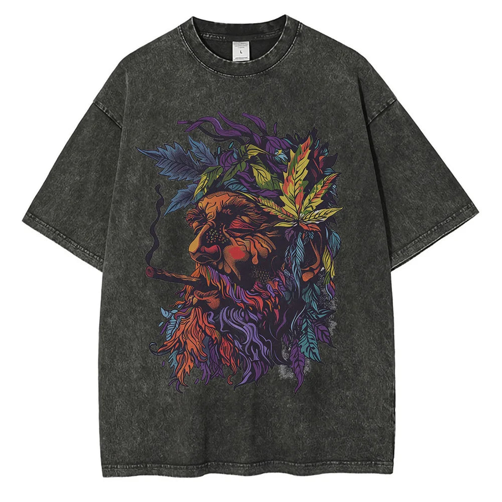 230GSM Pure Cotton Batik Washed Graphic T-shirts Psychedelic Hippie Printed T-shirt Drop Shoulder Vintage Oversized T-shirt