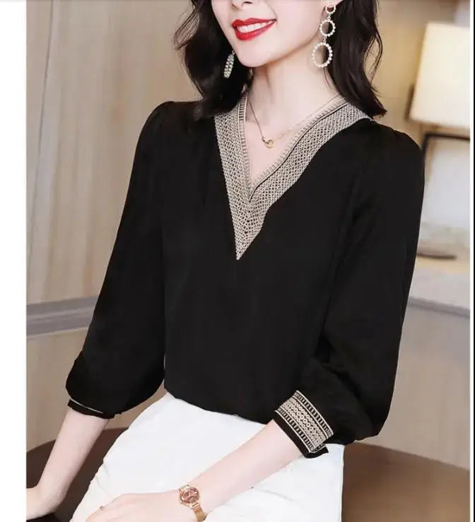Elegant Fashion V-neck Embroidery Hollow Out Dignified Shirt New Summer Autumn 2022 Long Sleeve Solid Color Women's Clothing