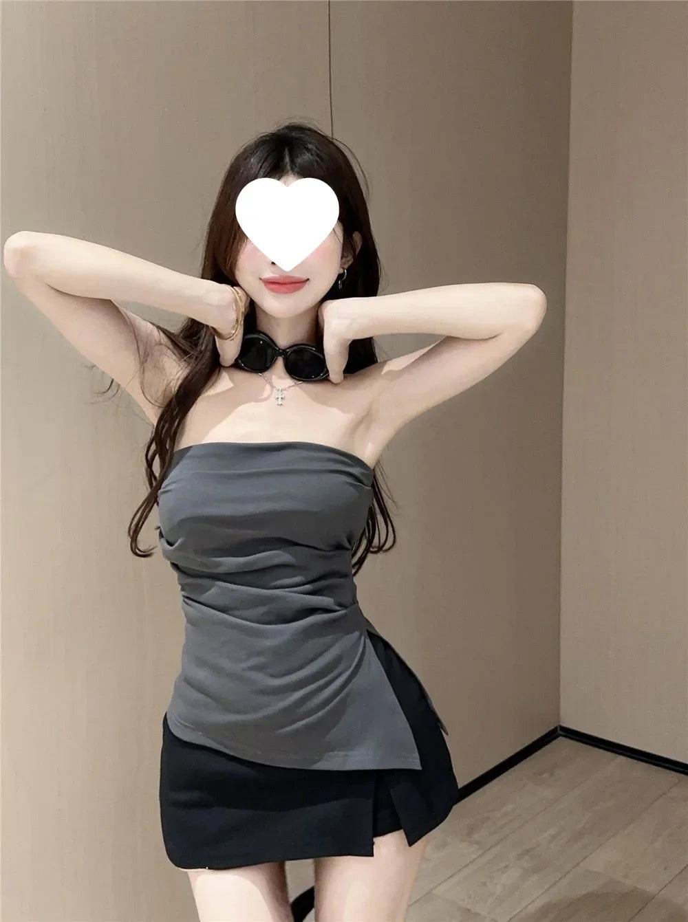 Sexy Open-Back Strapless Sleeveless T-Shirt Women's Spring Autumn Slimming Grey Top Cropped Outer Wear Base Wrap Chest