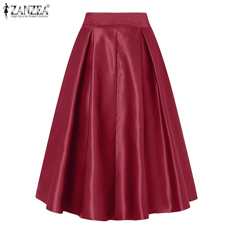 ZANZEA Vintage Solid Color Skirt Women Pleating Swing Jupe Party High Waisted Faldas Casual Loose Satin Silk A-line Overskirts