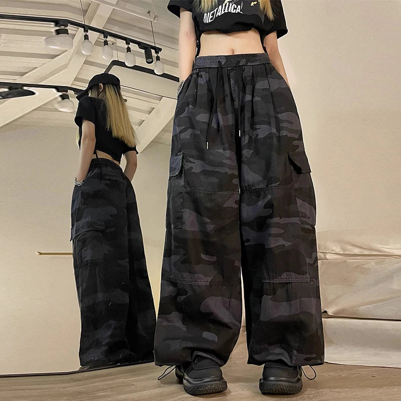 American High Street Camouflage Work Pants Women's Dstring Hip Hop Large Size Loose Straight Leg Wide Leg Trousers