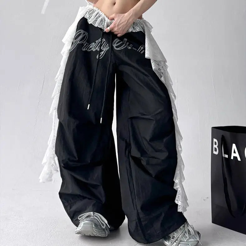 American retro black printed Spice Girls Street Dance Scimitar Pants Women's Loose Design Splicing Summer New Wide Leg Pants