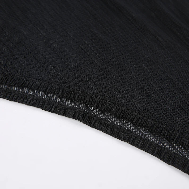 SUCHCUTE Sexy See Though Women T-shirts Gothic Mesh Black Long Sleeve Skinny Bodysuit Dark Fashion Hollow Out Backless Playsuit