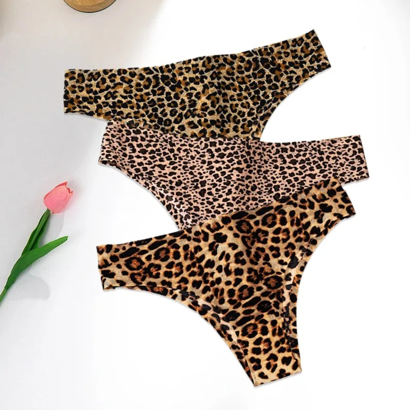 WarmSteps 3Pcs/Set Sexy Leopard Thongs Women's Panties Thongs 2024 New Female Underwear Seamless Printed Panties Ice Silk Briefs