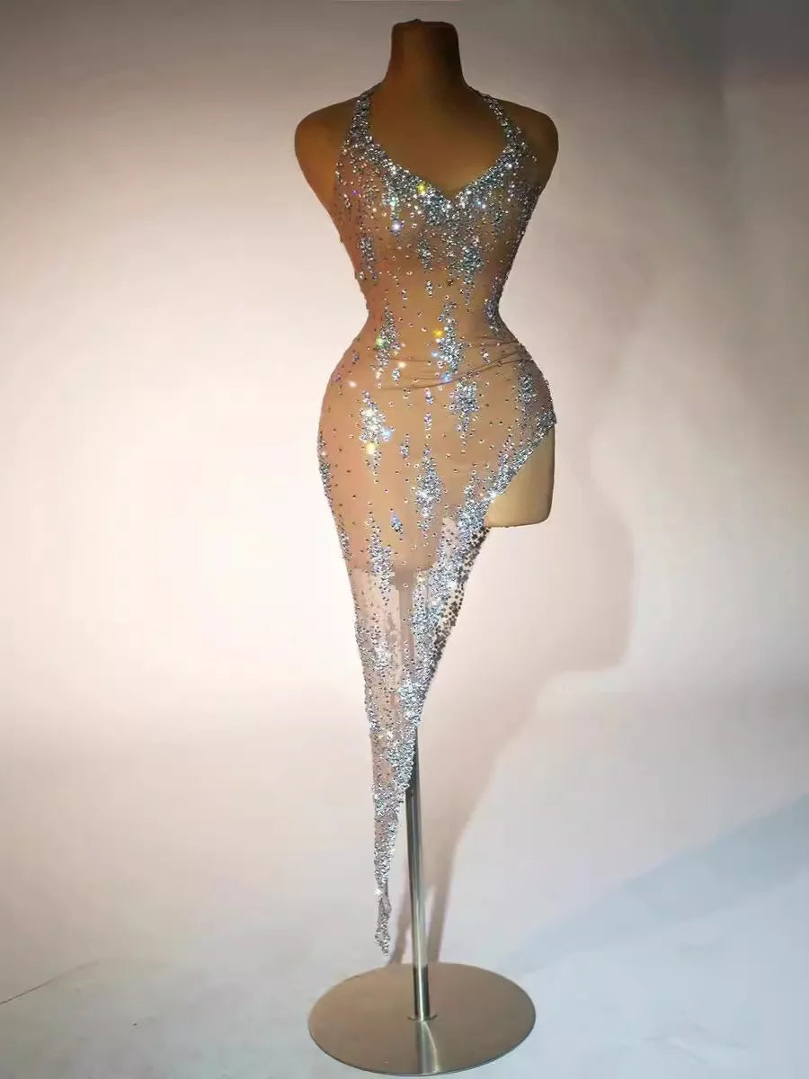 Sparkly Rhinestone V Neck Stretch Mesh Sexy See Through Dress Women 2024 Designer Party Celebrate Performance Costume Stage Wear
