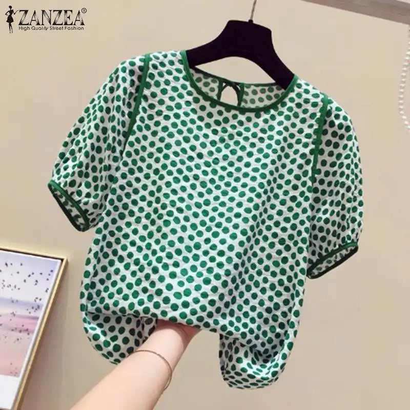 ZANZEA Casual Loose Women Blusas Mujer 2024 Summer Stylish Tied Back O Neck Puff Sleeve Tunic Tops Polka Dot Elegant Blouses