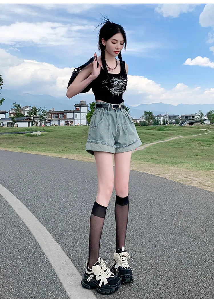 Women's Wine Red Denim Shorts High Waist Wide Shorts Harajuku Streetwear Korean Style Y2k Casual Blue A Line Jean Shorts Summer