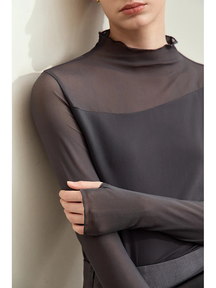 Amii Minimalism Mesh T-shirts For Women 2025 Spring New Office Lady Half-high Neck Micro Perspective Slim Retro Shirt 12423055