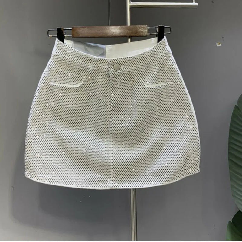 Heavy Industry Hot Drilling High-End Denim Skirt 2024 Spring And Summer New High Waist Pink Sexy A-Word Skirt