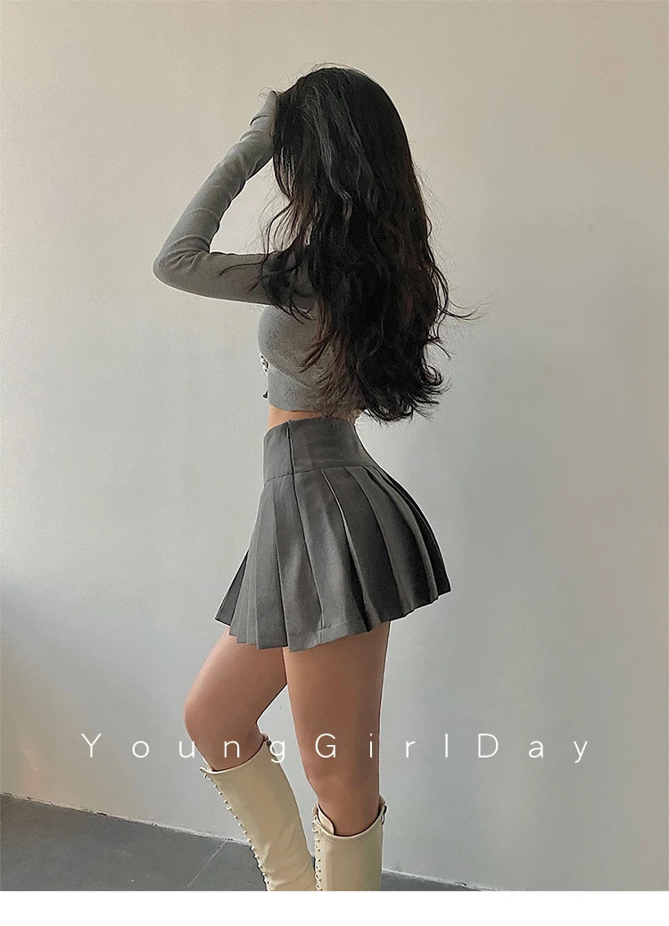 HOUZHOU Sexy Pleated Mini Skirt Women Fashion 2024 Grey Side Split High Waist A-line Slim Short Skirts Korean Y2K Skort Preppy