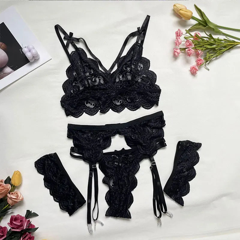Fancy Erotic 3 Piece Luxury Underwear Erotic Lingerie Women Bra And Panty Garter Set Transparent Lace Bra Exotic Sets Sexy Kit