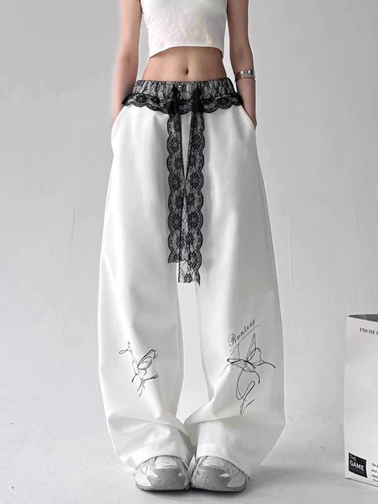 Zoki Vintage Bufferfly Y2K Sweatpants Women Loose High Waist Lace Patchwork Pants Streetwear Retro Casual Bf Harajuku Trousers