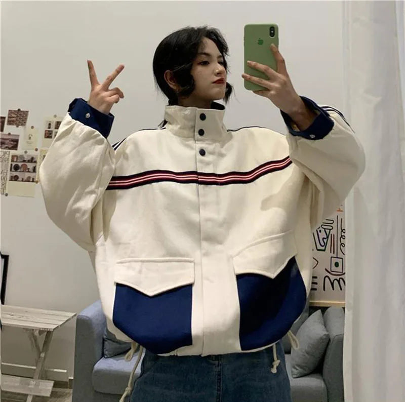 Patchwork Jacket Women American Loose Streetwear Blue and White Zipper Clothes Casual Chic Long Sleeve Harajuku Outwear