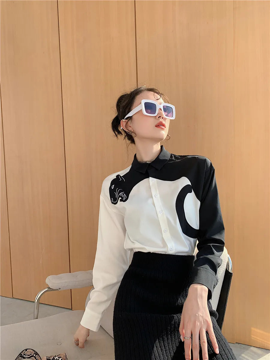 CHEERART Leopard Embroidered Long Sleeve Shirts And Blouses Women White Button Up Fall 2024 Designer Clothes Tops Fashion